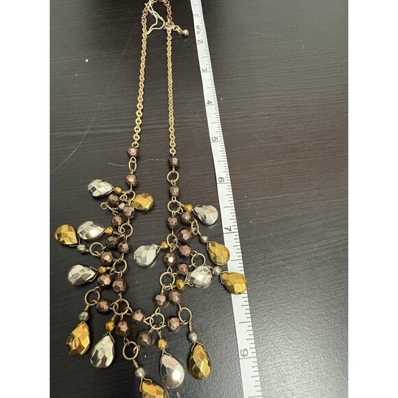 Vintage Bib Necklack Statement Red Orange Brown Silver Beads Costume - Picture 8 of 10